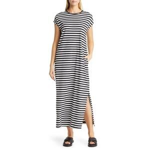 Nordstrom Stripe Cap Sleeve Maxi Dress in Black- White Stripe at Nordstrom
